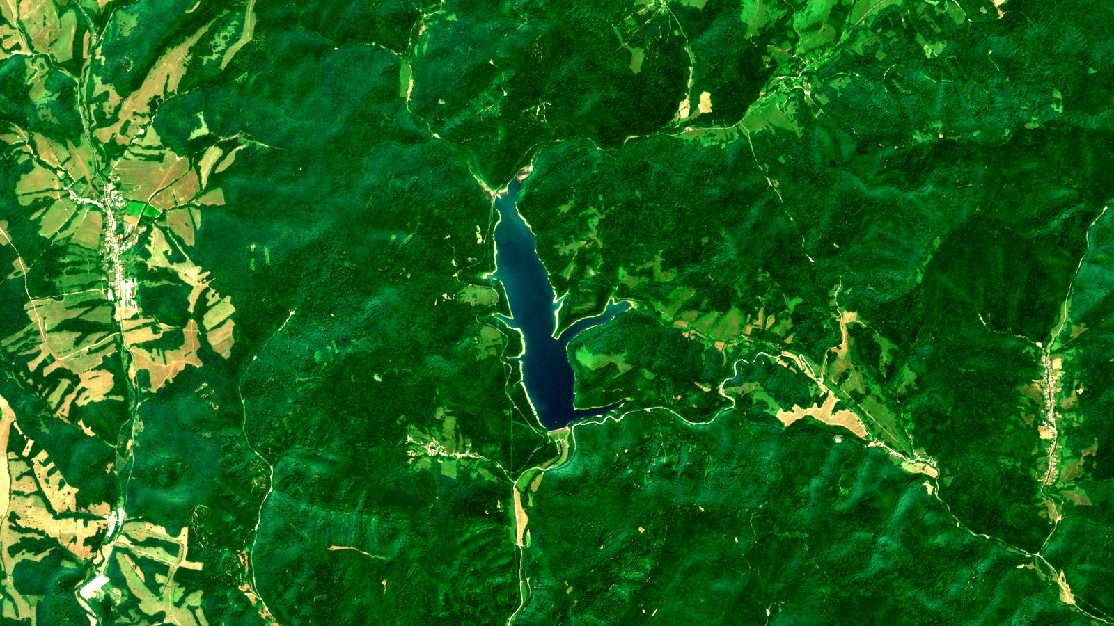 Escena Sentinel-2 en color real del embalse de Starina, en el este de Eslovaquia. El embalse es una lámina alargada y ramificada de azul oscuro, encajada entre laderas de bosque verde muy denso. Un anillo pálido y continuo recorre toda la orilla, más ancho en el brazo occidental. En el extremo sur se distingue la línea recta del dique.