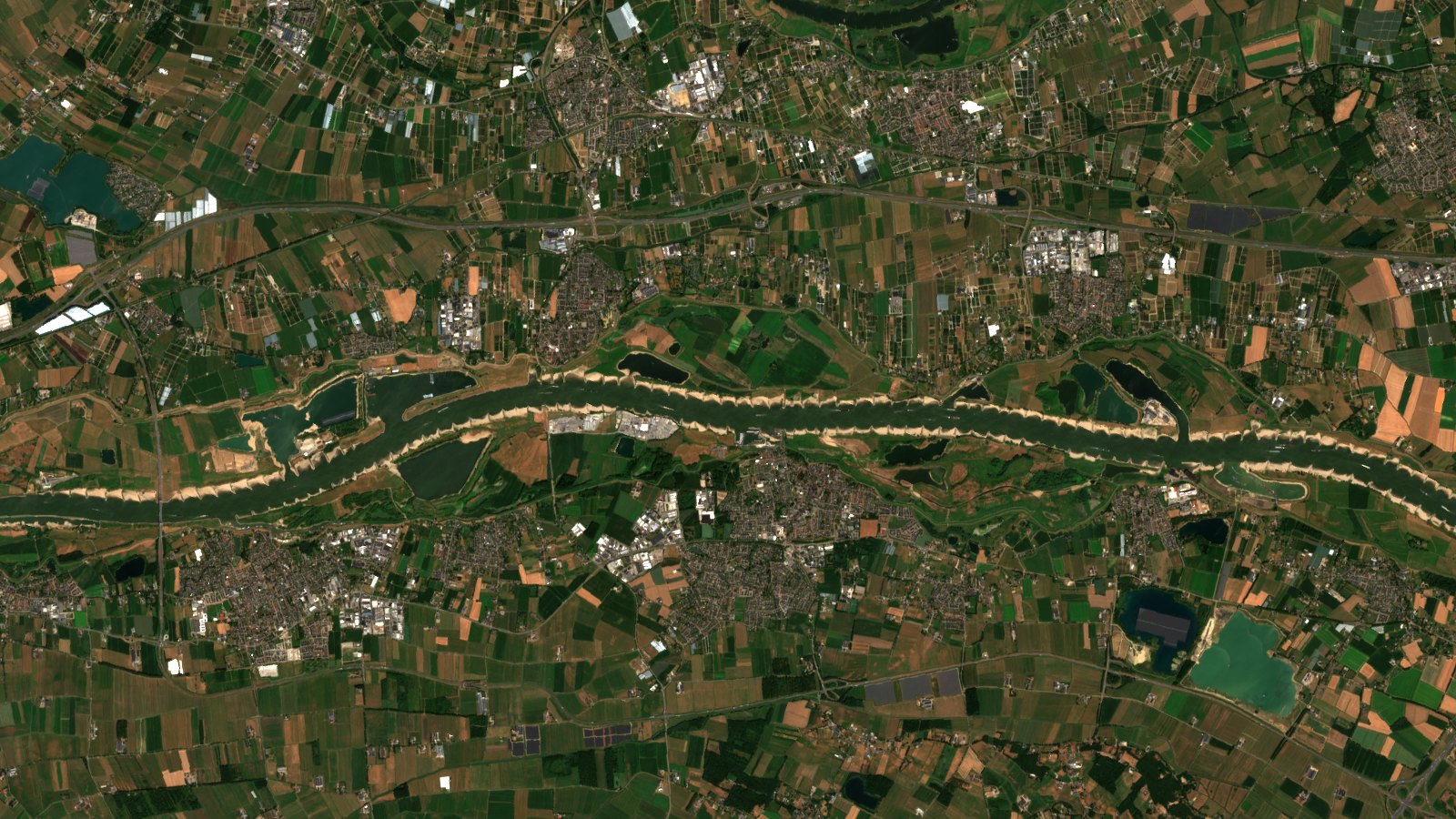 Escena Sentinel-2 en color real del Waal entre Tiel y Dodewaard, Países Bajos, el 28 de julio de 2026. El río cruza el encuadre de izquierda a derecha como una cinta gris verdosa. A ambas orillas corre una franja continua de arena clara con forma de peine, formada por las celdas entre espigones que han quedado al descubierto. Alrededor se extiende una llanura agrícola de parcelas verdes y pardas, con pueblos alargados pegados a los diques y varios lagos de gravera de agua oscura.