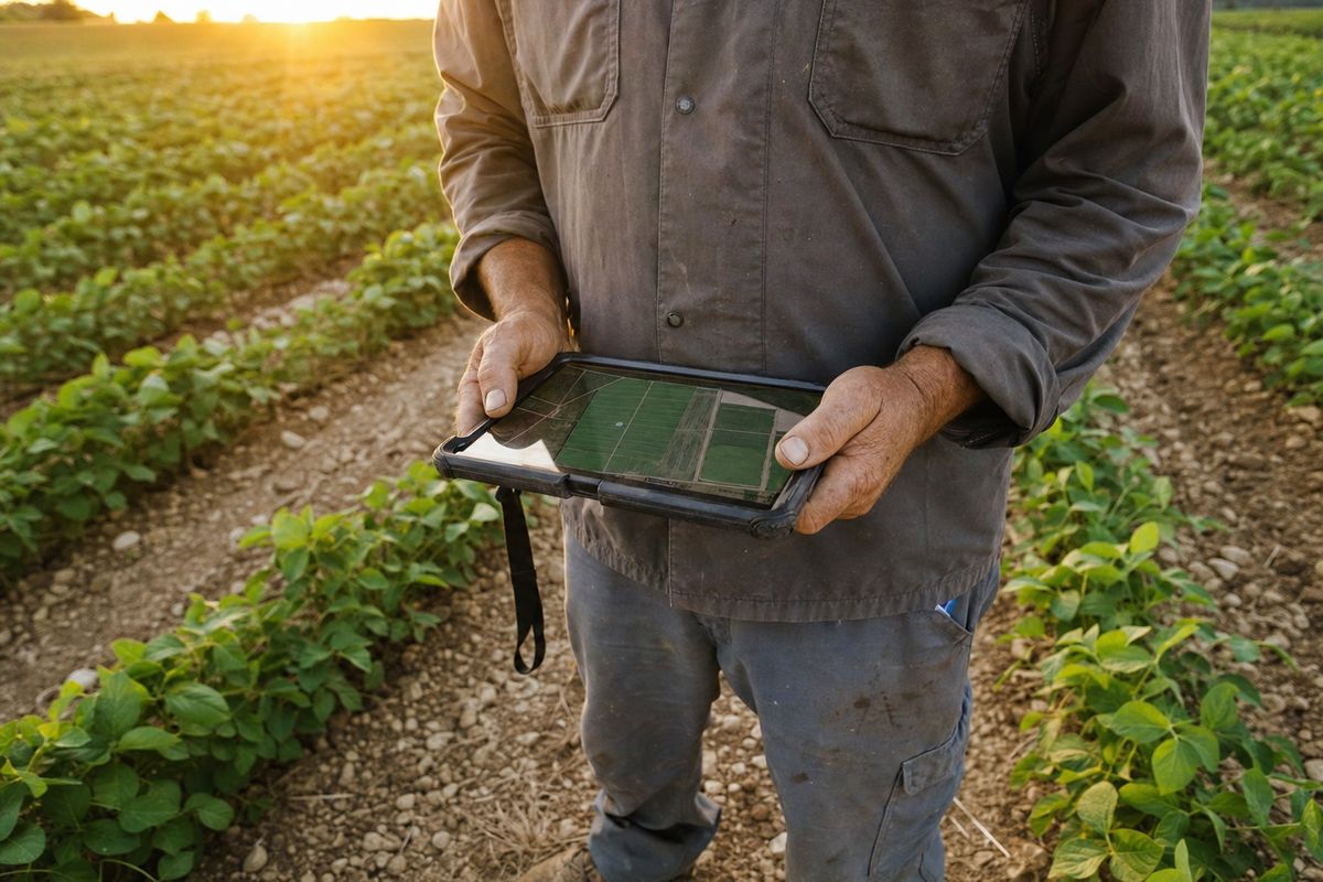 Manos de un técnico con una tablet que muestra el mapa de la parcela, entre líneas de cultivo al atardecer