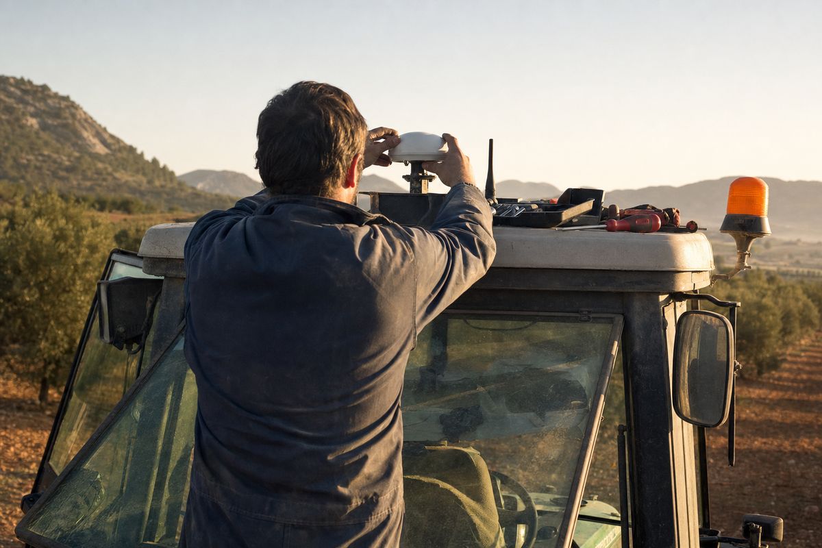 Un técnico instala una antena GNSS sobre la cabina de un tractor en un campo mediterráneo