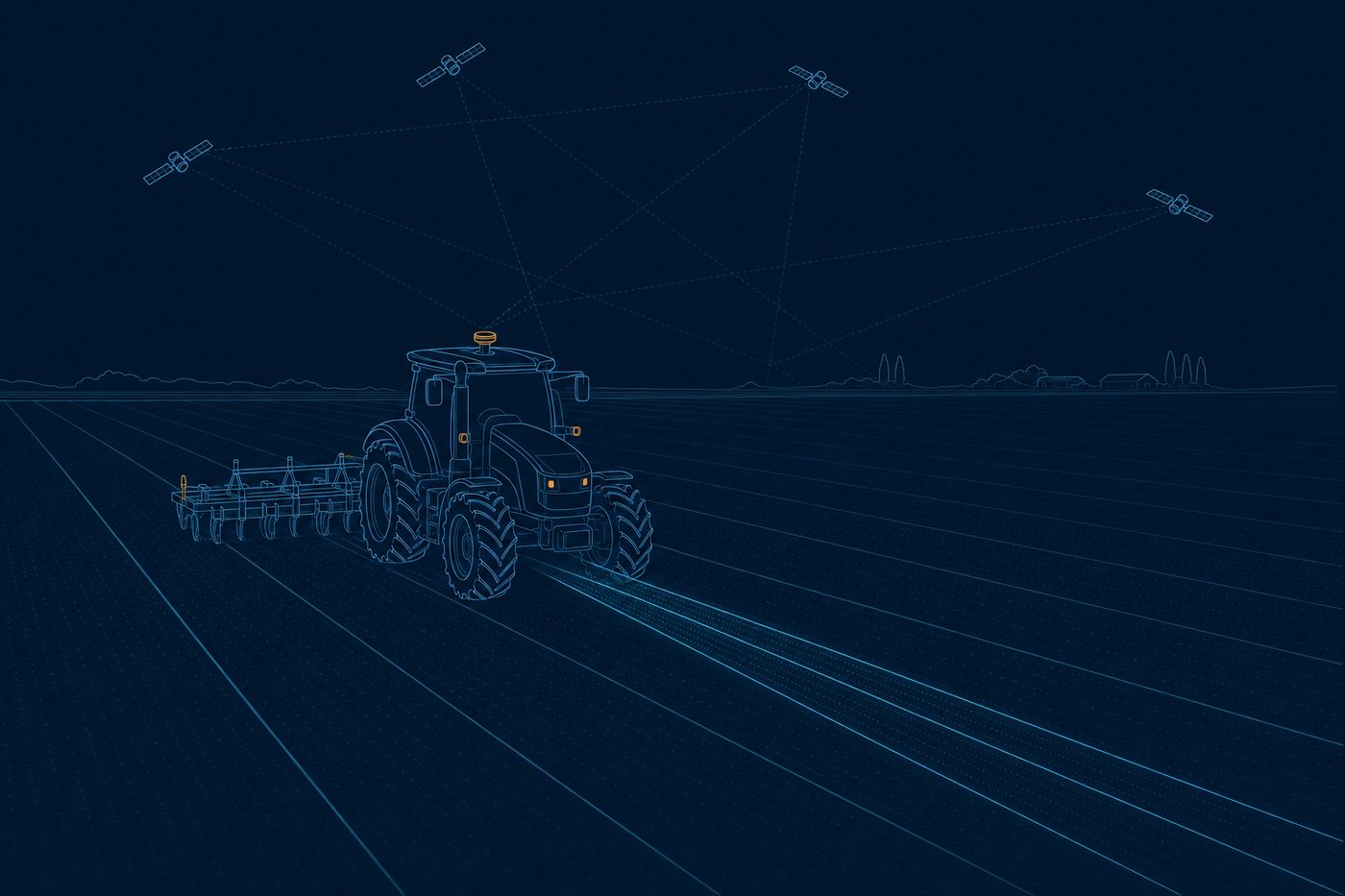 Ilustración técnica: un tractor con antena GNSS traza líneas perfectamente rectas guiado por satélites