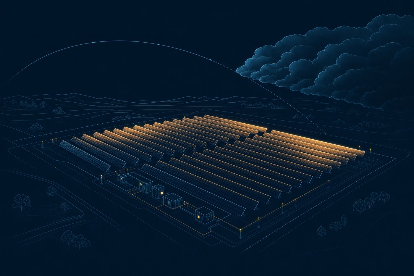 Ilustración técnica: una planta solar con un frente de nubes acercándose y un arco de previsión trazado delante